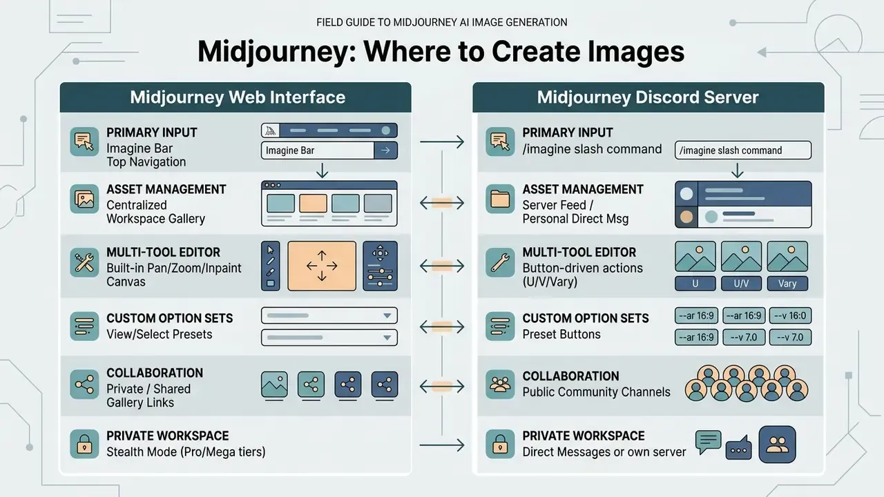 Side-by-side comparison chart detailing functional differences between the Midjourney web and Discord platforms