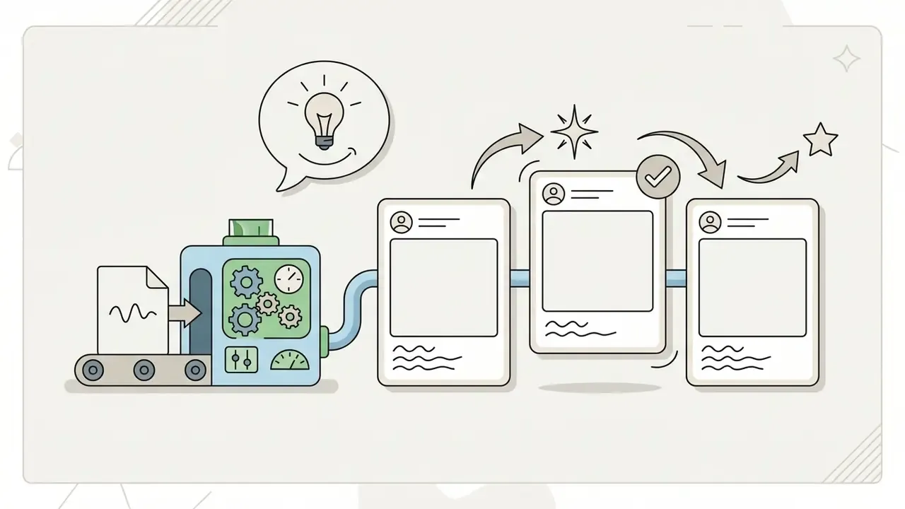 Document moving through a gear machine to generate social media posts with lightbulb and star icons