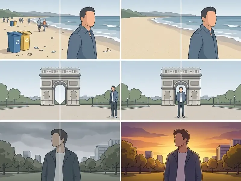 Split screen comparisons showing AI removal of background objects, subject repositioning, and sky changes