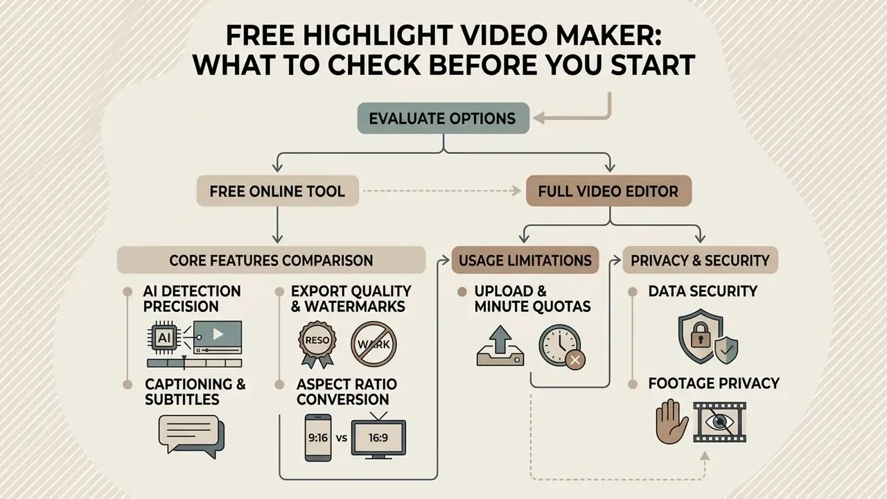 Decision tree comparing features, usage limits, and privacy policies for selecting video editing software