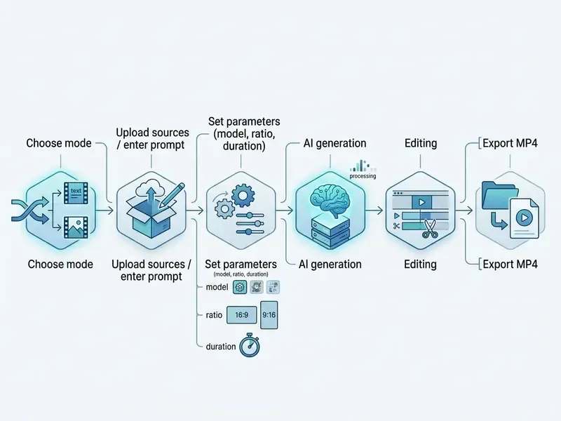 Sequential process diagram showing steps from choosing a mode to exporting an MP4 video file