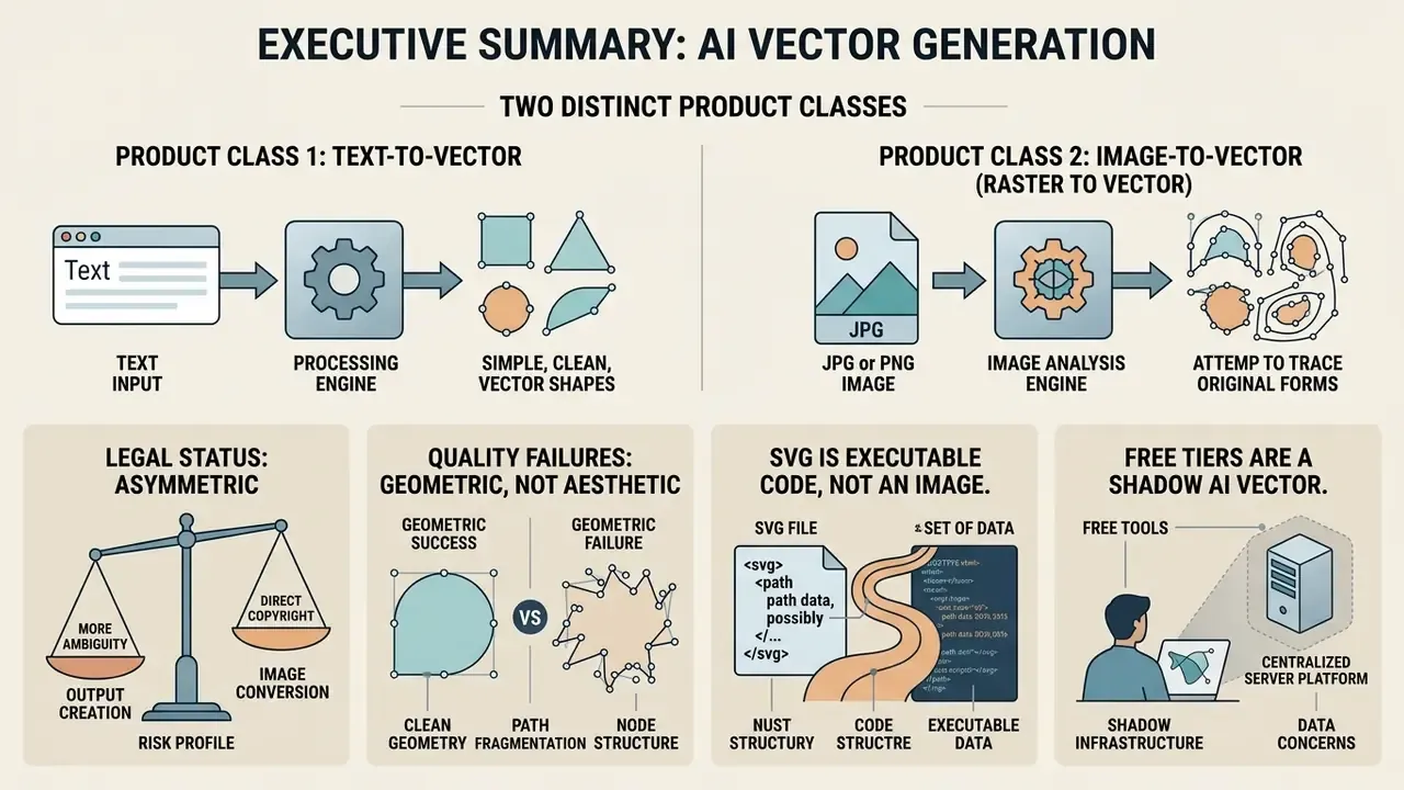 Infographic comparing text-to-vector and image-to-vector processes with key legal and technical insights