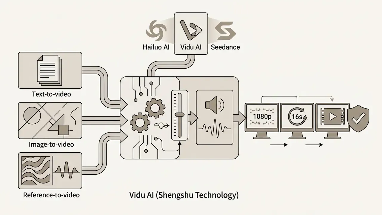 Inputs flowing into a processing engine to generate 1080p video clips with Vidu AI