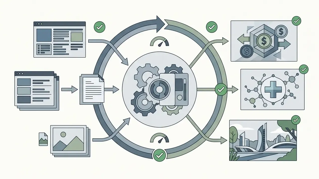 Central gear mechanism processing inputs into verified financial, medical, and environmental assets
