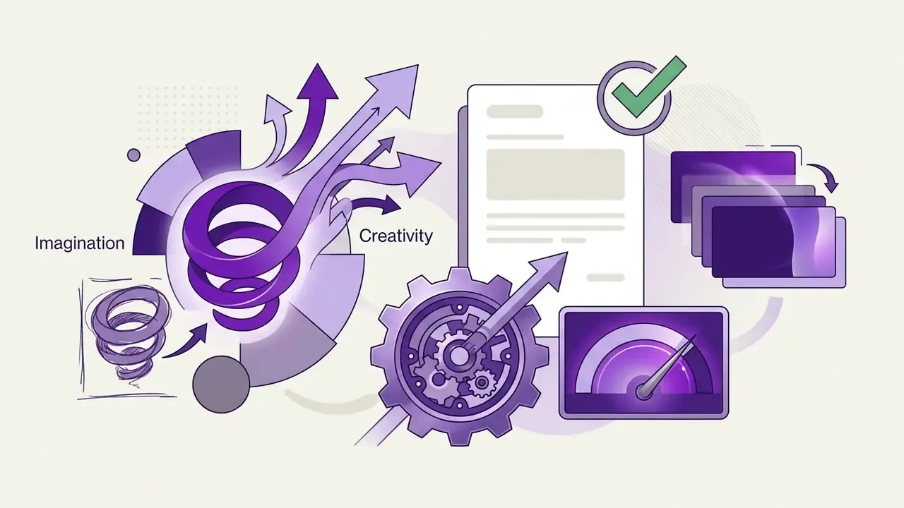 Purple spiral with arrows, a gear, a document with a checkmark, and a speedometer for logo design