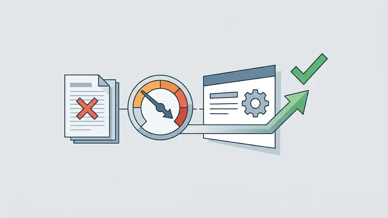 Document with a red cross moving through a gauge and gear system toward a green checkmark