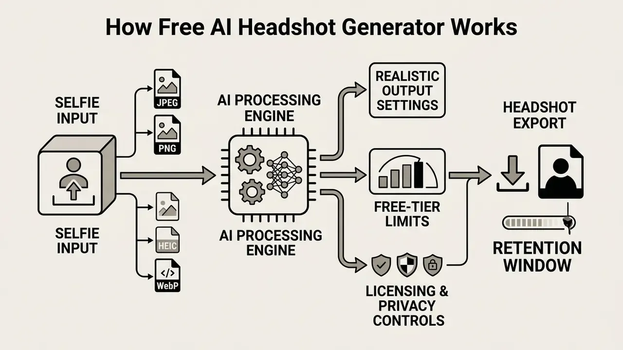 Flowchart displaying the transformation of uploaded selfie files into exported headshots via AI processing