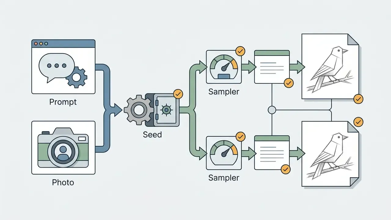 Prompt and photo inputs feeding into a seed mechanism that splits into samplers producing identical bird sketches