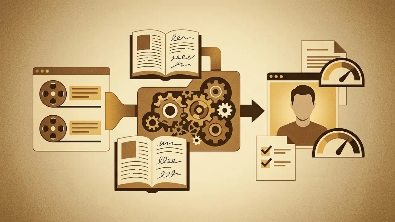 Film reels and books feeding into a gear mechanism that outputs a stylized portrait with gauge icons