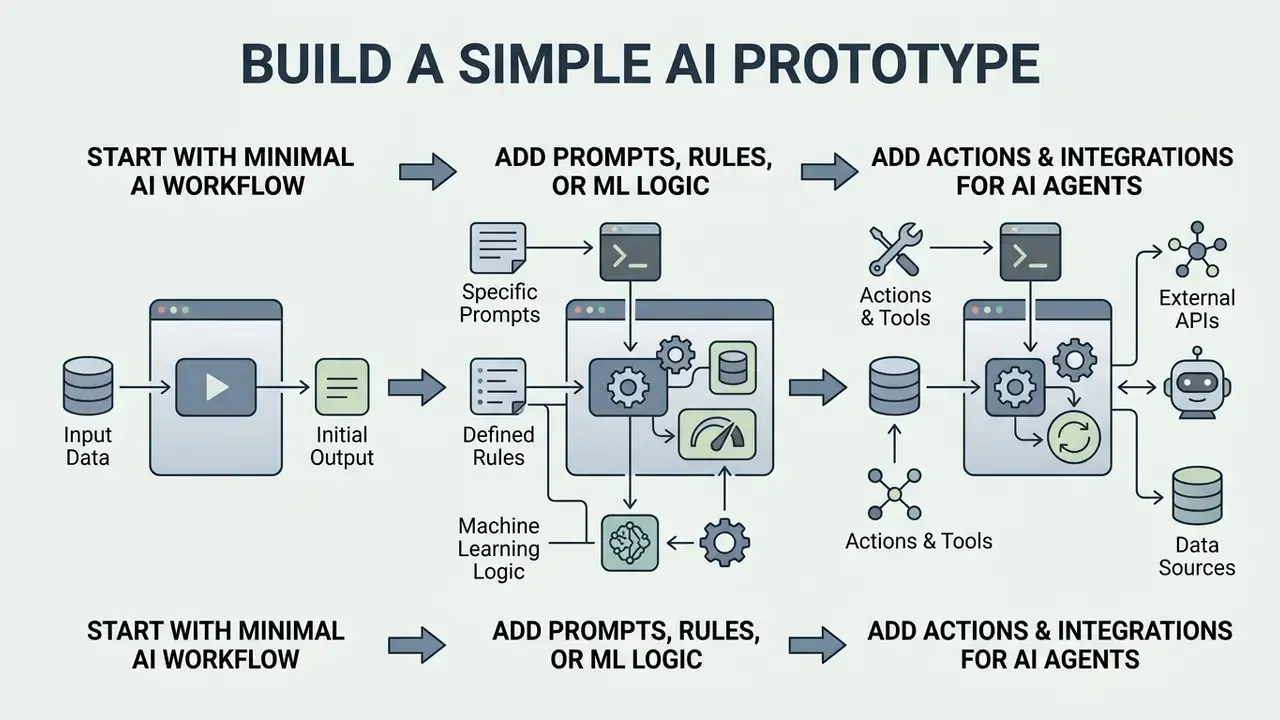 Three-stage development process for how to create an AI prototype from simple workflows to agentic systems