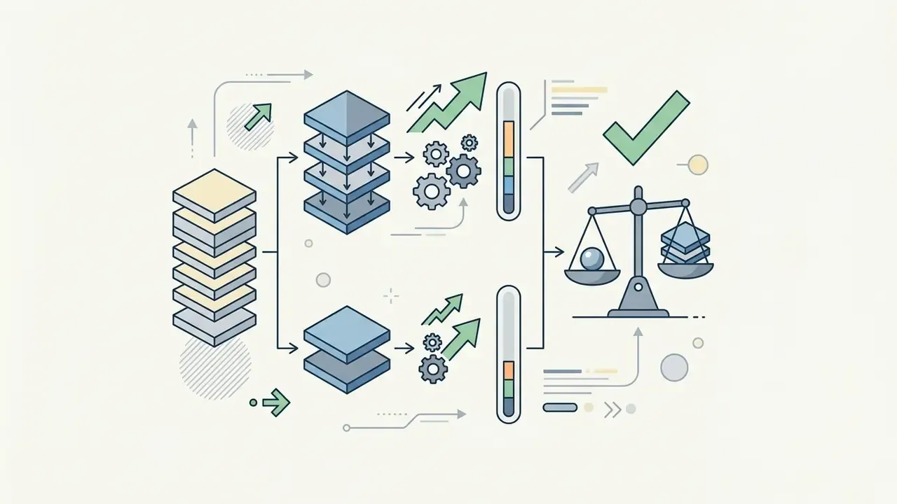 Stacked data blocks branching into two processing paths with gears and gauges balancing on a scale