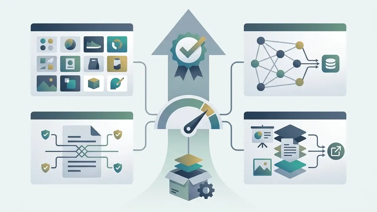 Visual assets and data inputs converging into a central performance gauge and a final presentation output