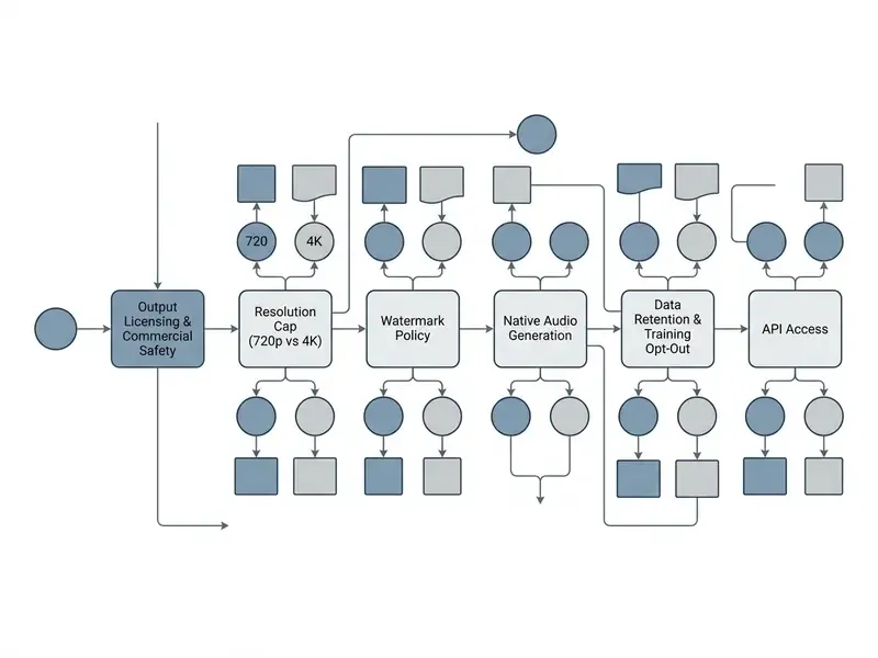 Decision matrix flowchart evaluating commercial safety, resolution, watermarks, audio, data, and API access