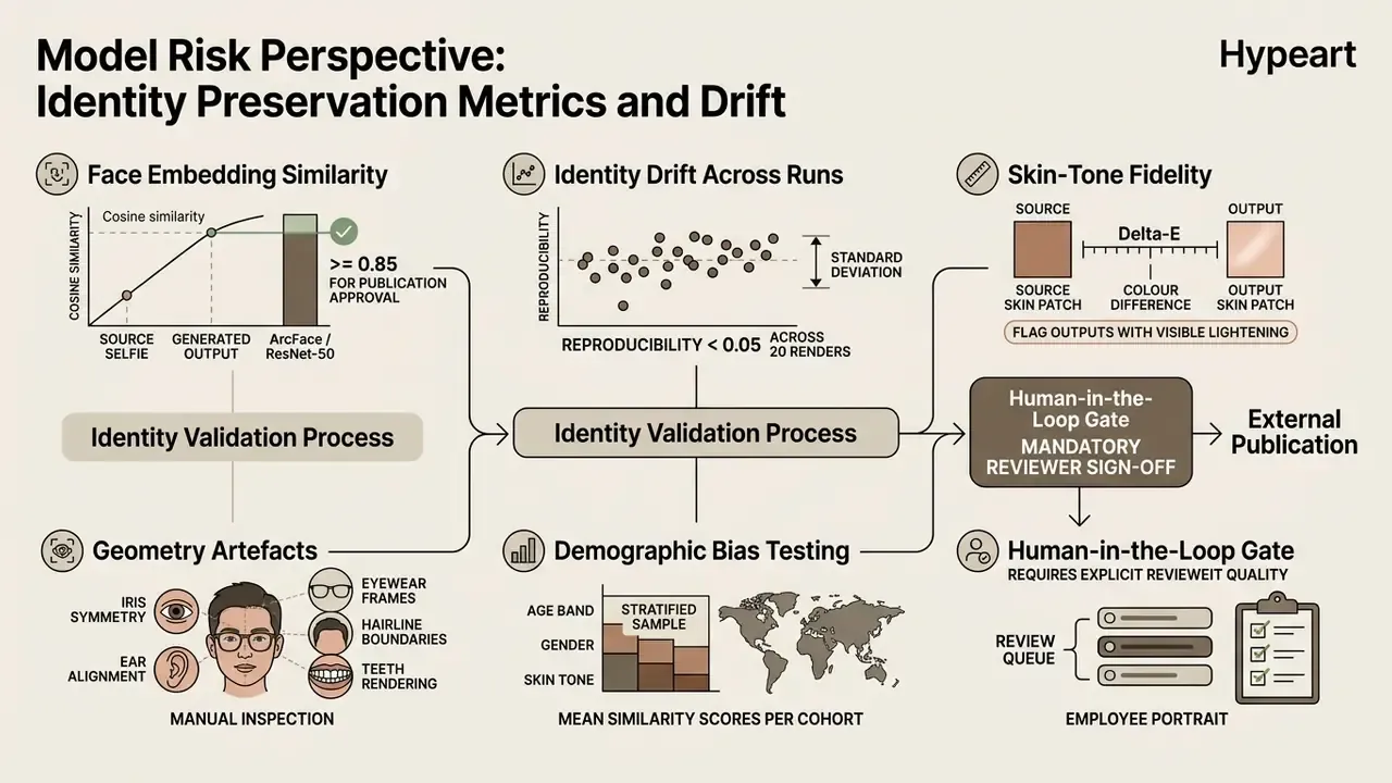 Diagram detailing identity validation metrics, skin tone fidelity, and manual inspection for portrait outputs