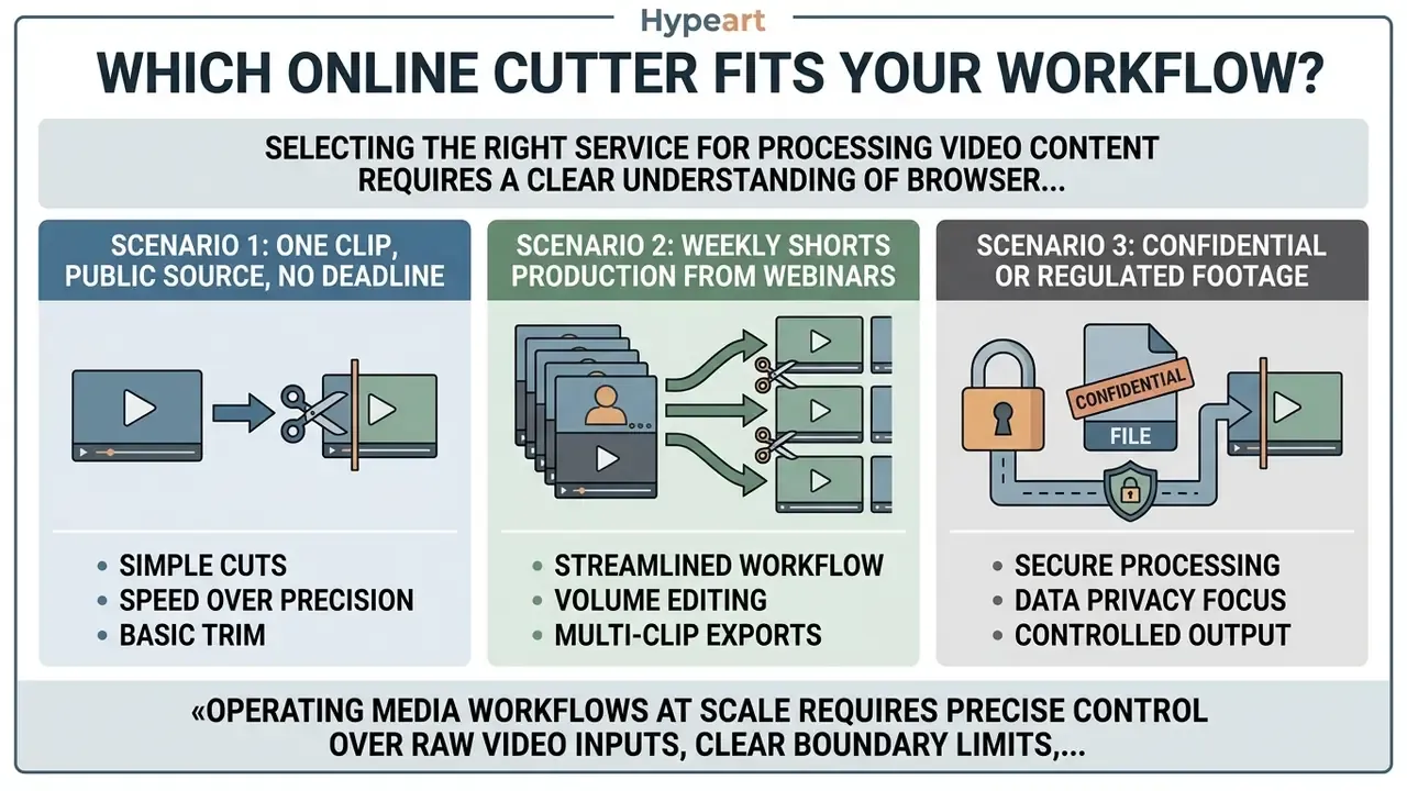 Infographic comparing three video editing scenarios based on source type, volume, and data privacy needs