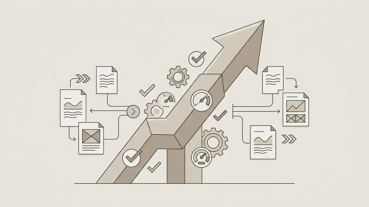 Document icons and gears surrounding a rising arrow chart with speed gauges and checkmark symbols