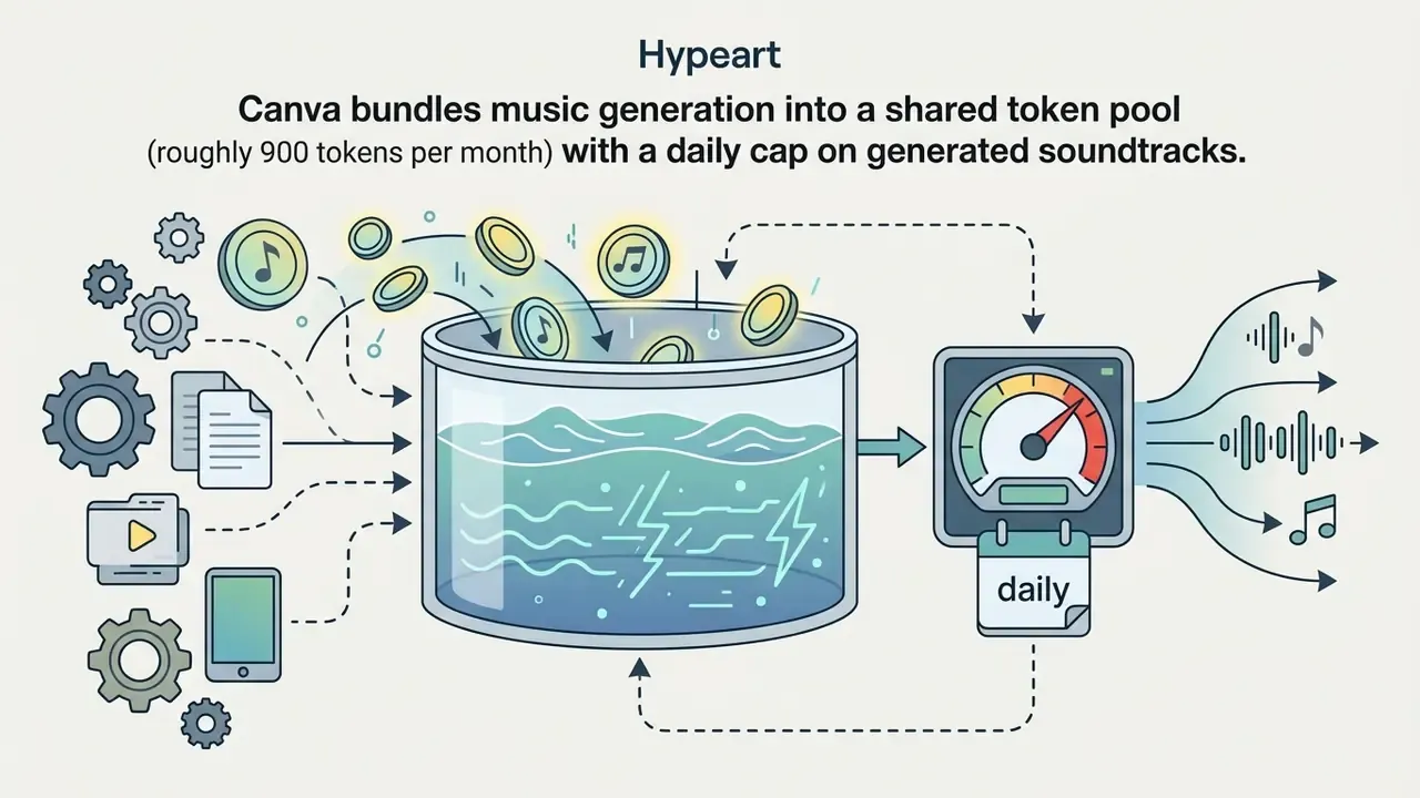 Tokens flowing into a central pool that feeds a gauge and calendar icon for a free AI music generator