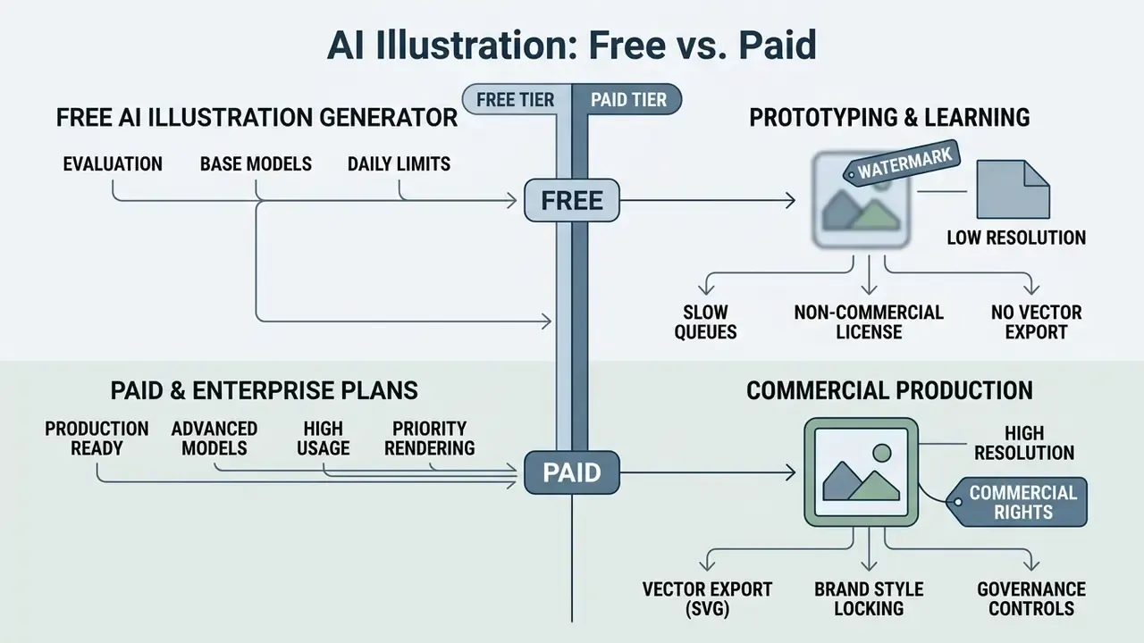 Comparison chart contrasting features and limitations between free and paid tiers for creative tools