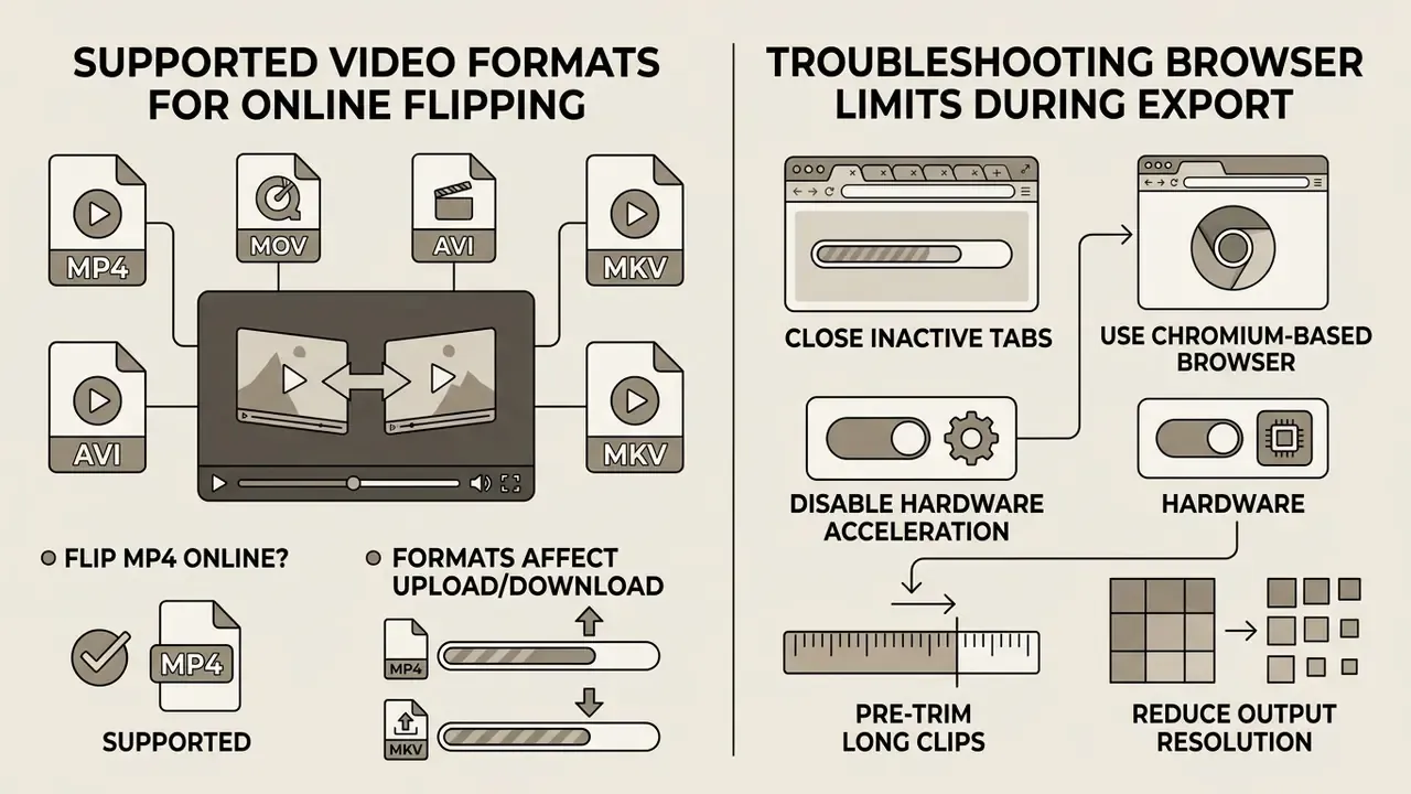 Infographic displaying compatible video file formats and browser optimization tips for online flipping