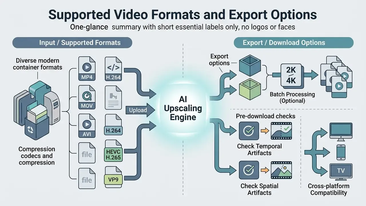 Flowchart displaying video file input formats, AI processing, and final export and quality check steps