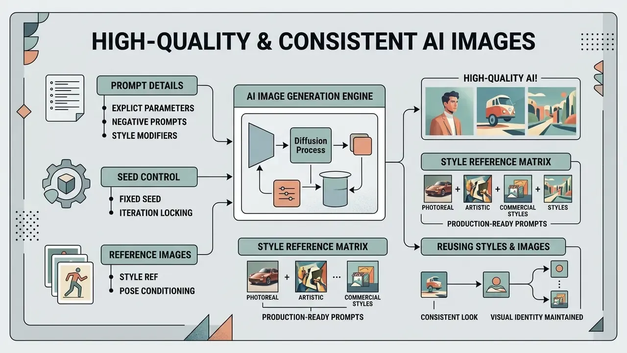 Infographic detailing how prompt parameters, seed control, and reference images create consistent AI images