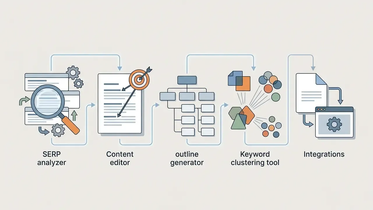 Icons representing SERP analysis, content editing, outline generation, keyword clustering, and integrations