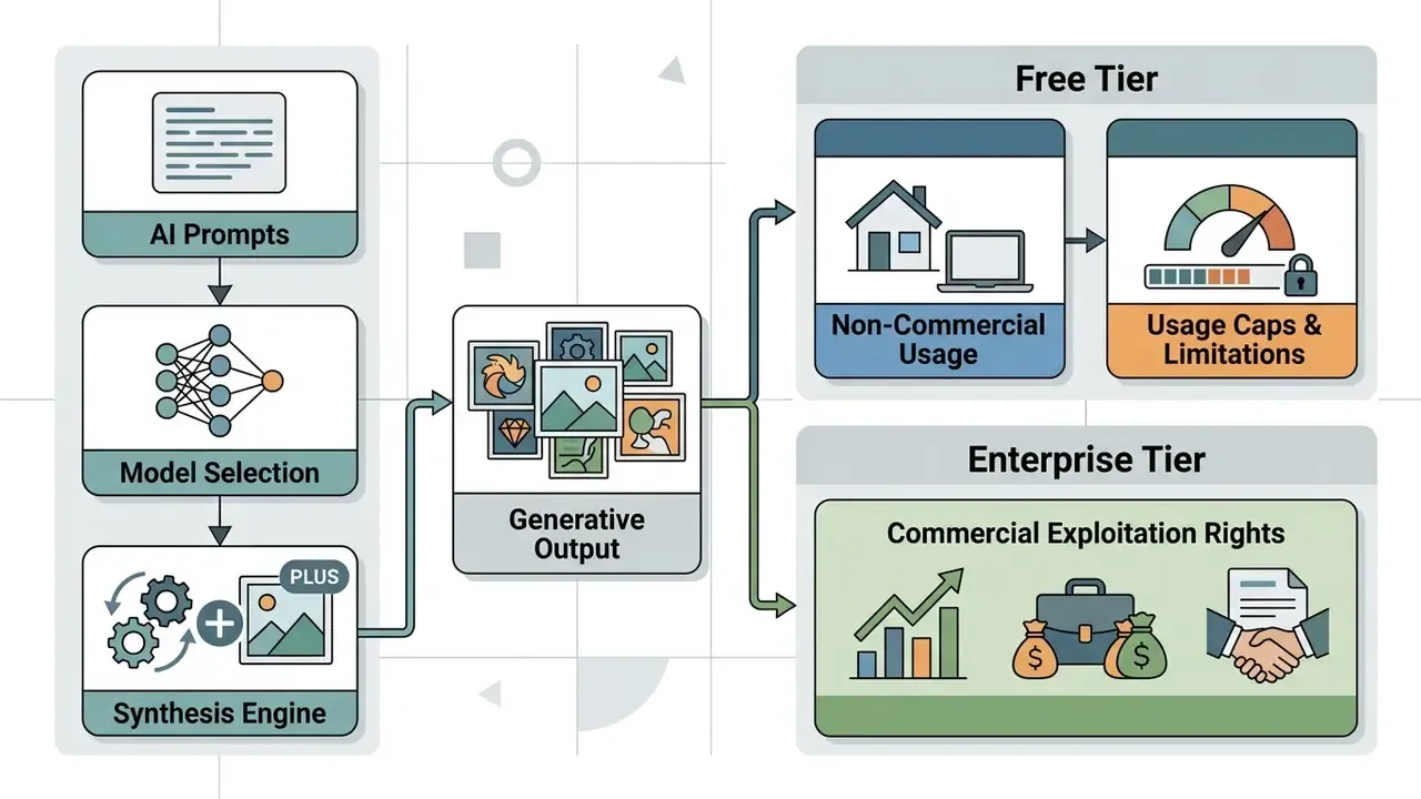 Flowchart comparing free tier non-commercial usage and enterprise tier commercial exploitation rights