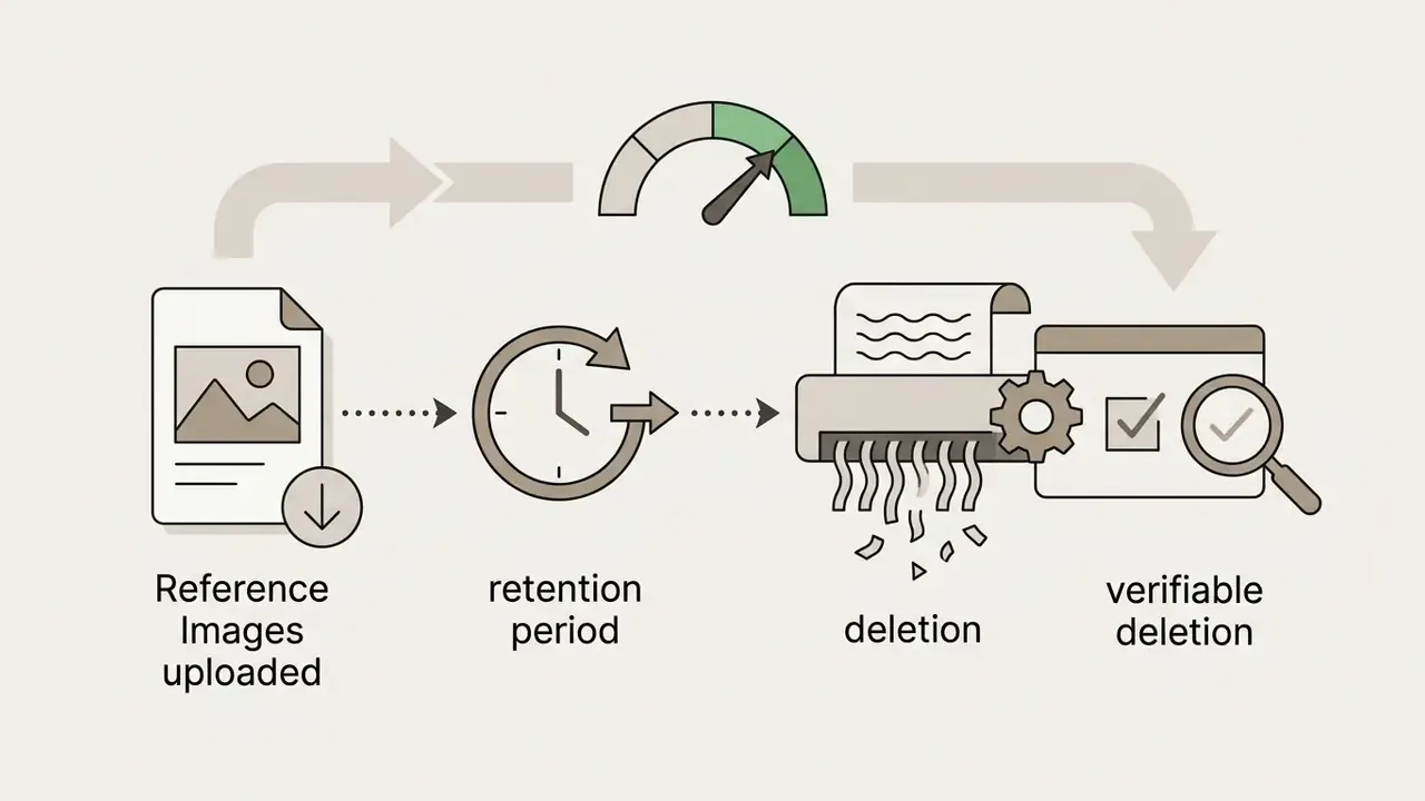 Uploaded images moving through a retention timer to a shredder for verifiable data deletion