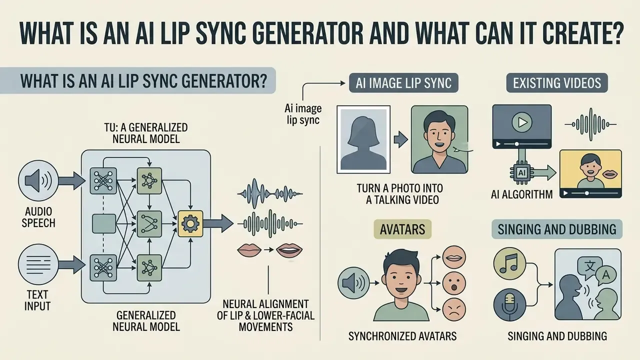 Infographic explaining how an AI lip sync generator uses neural models to animate faces from audio or text