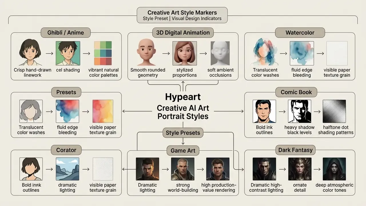 Visual guide mapping various artistic styles to their defining design characteristics for AI portrait generation