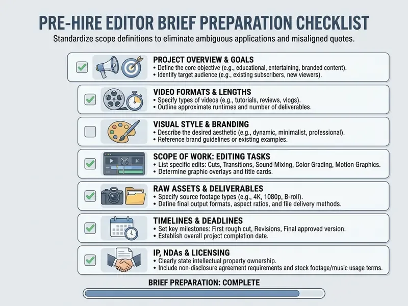 Checklist of seven essential categories for defining production requirements before hiring a video editor