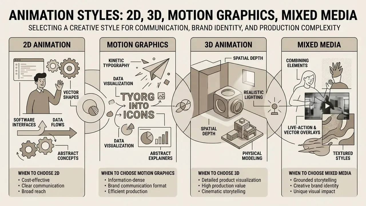 Comparison chart detailing characteristics and use cases for 2D, motion graphics, 3D, and mixed media