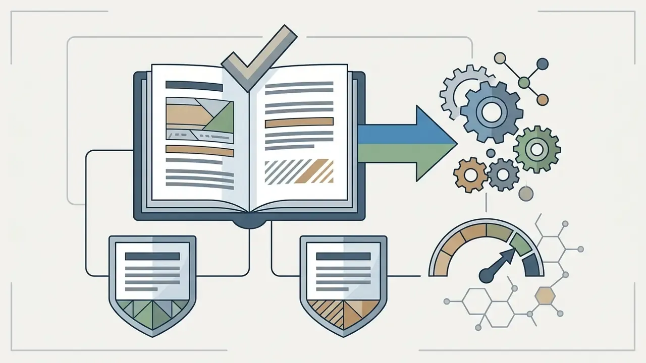 Open book with checkmark feeding into gears and a gauge to represent enterprise compliance and performance
