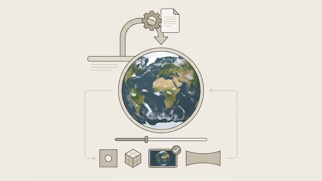 Earth globe icon with a gear and document above it and various geometric shape icons below