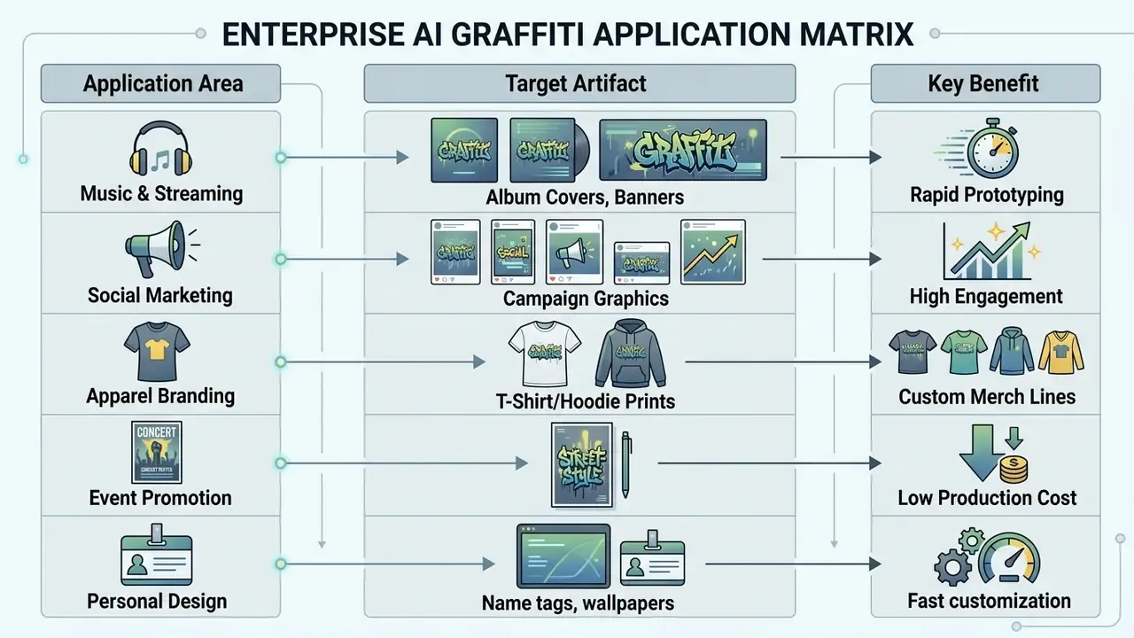 Table mapping graffiti art generator use cases to specific target artifacts and their key business benefits