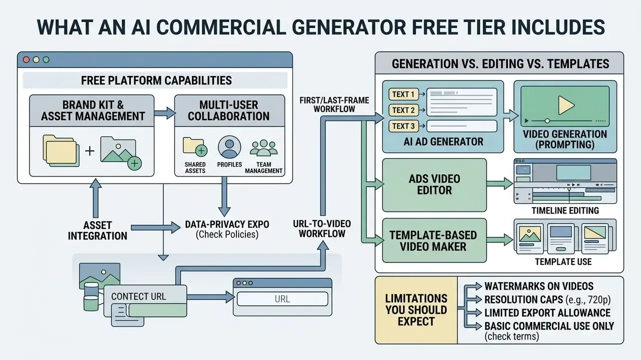 Diagram detailing the features, workflows, and limitations of an ai commercial generator free platform