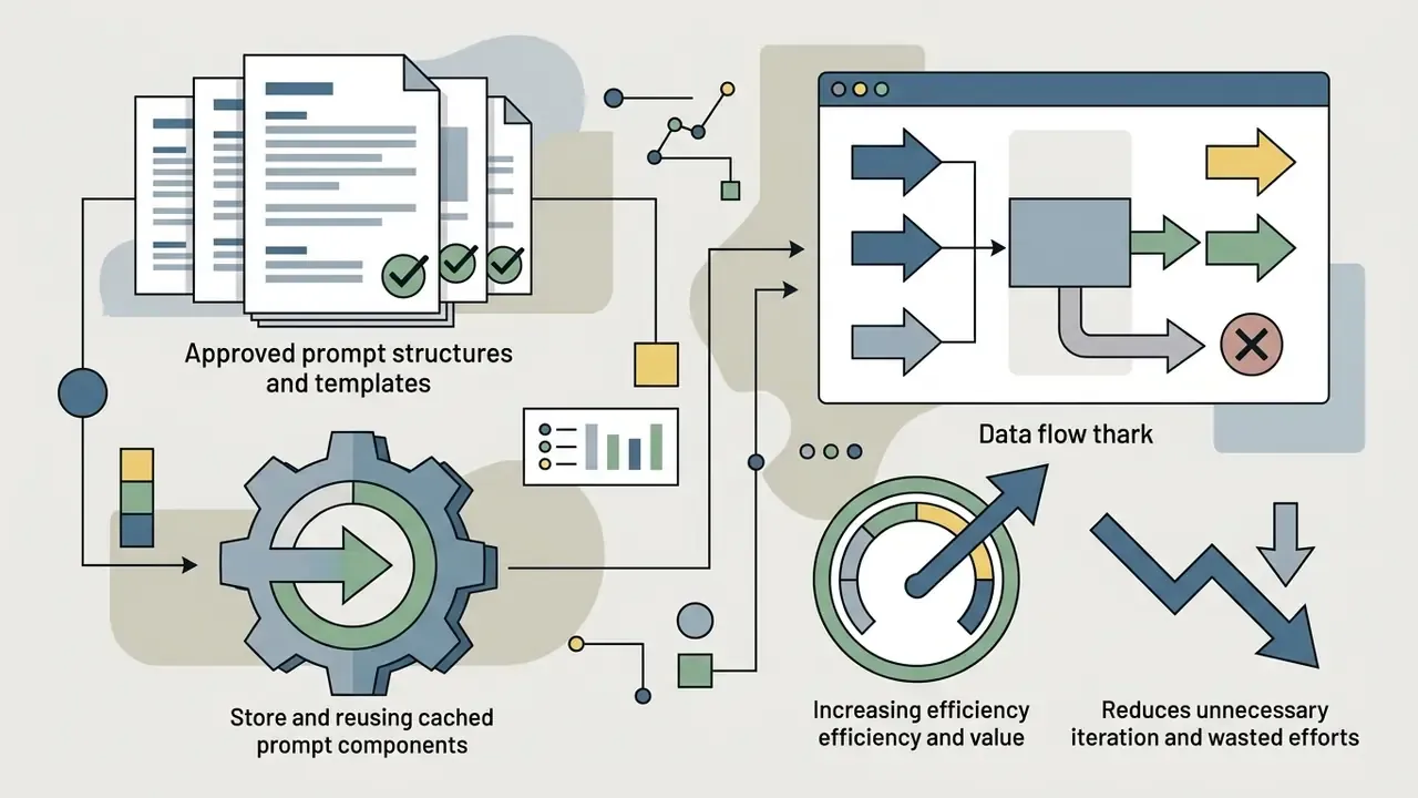 System of prompt templates and gear icons connecting to a data flow chart that reduces wasted iterations