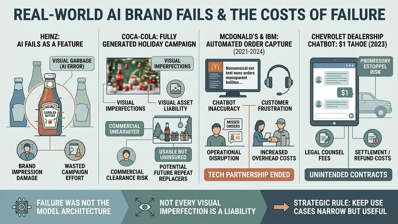 Infographic detailing four specific corporate case studies of bad AI images and operational failures