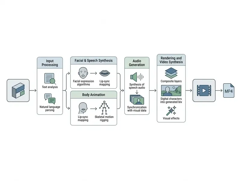 Flowchart detailing the steps from text input to MP4 output in an AI avatar video generator