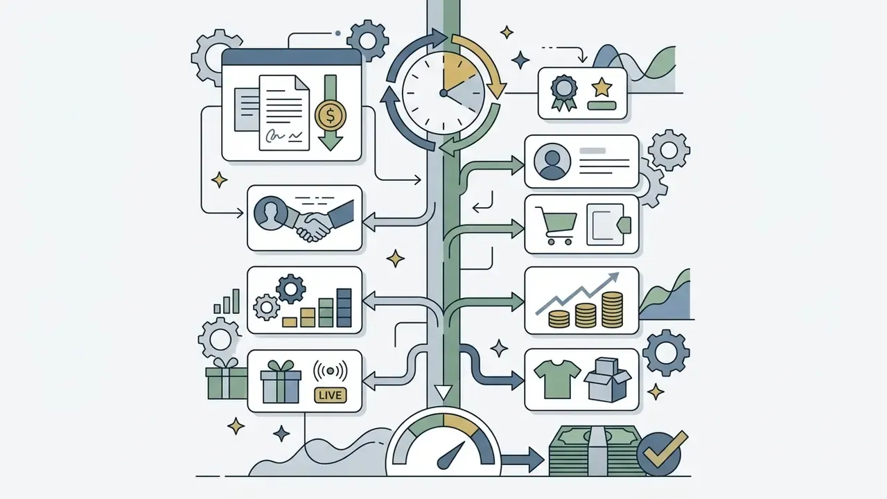 Central clock and gauge connected to various icons representing diverse creator revenue streams