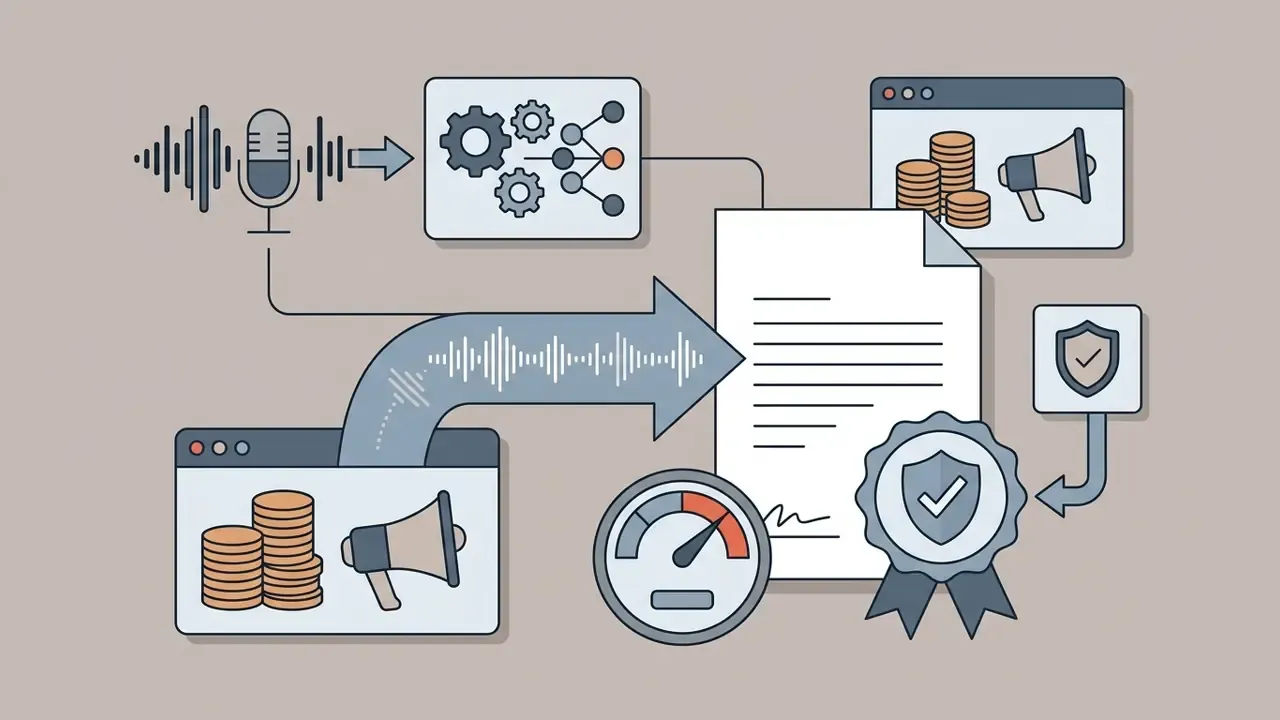 Voice input processing leading to commercial document compliance and verification icons