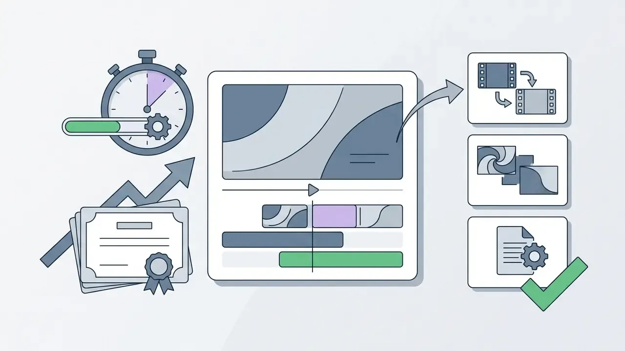 Stopwatch, certificate, and video editing software interface showing timeline and transition icons
