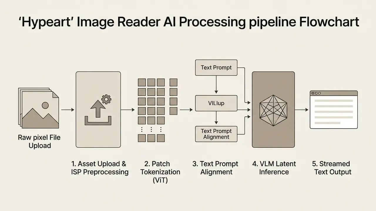 Technical sequence showing data transformation from raw pixel upload to streamed text output