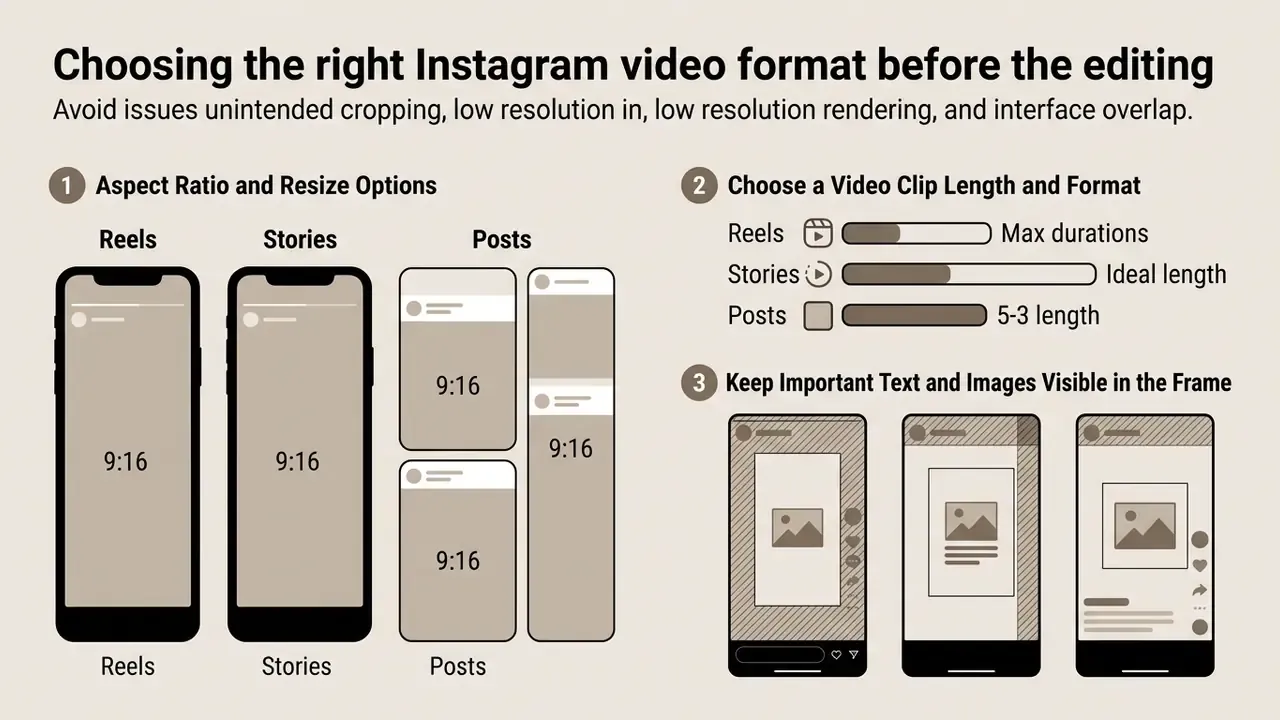 Infographic showing aspect ratios, video durations, and safe zones for Instagram Reels, Stories, and Posts