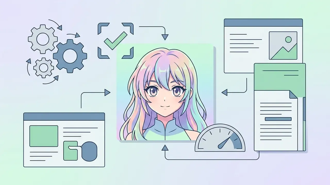 Anime character portrait surrounded by icons representing processing, settings, and document generation
