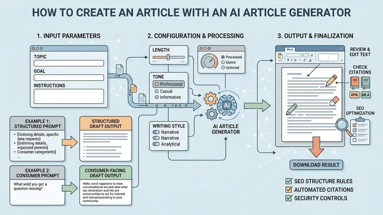 Infographic showing three stages of content creation from parameter input to final document editing
