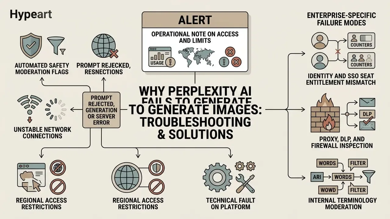 Infographic mapping technical and policy reasons for image generation errors and access failures
