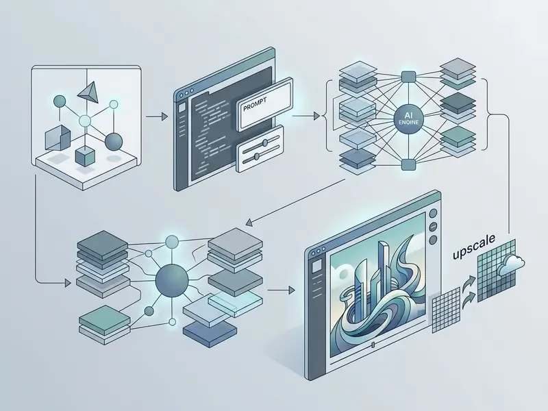 Diagram showing the sequence from scene definition and prompt input to AI processing and image upscaling