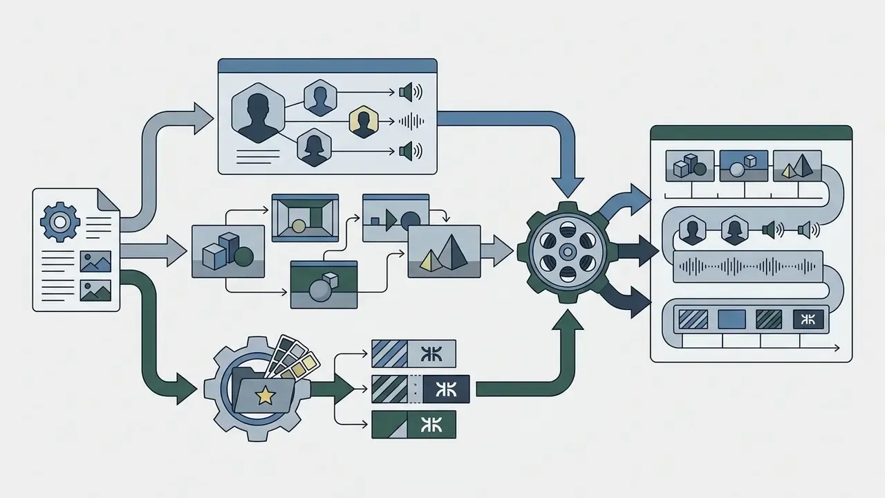 Process flow showing document inputs feeding into avatar, scene, and brand asset engines for video output