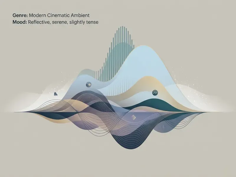 Abstract sound wave visualization featuring layered curves and musical icons representing ambient audio